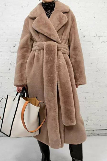 Khaki Faux Fur Shearling Long Open Front Coat med belte